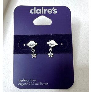 Sterling Silver Planet & Star Drop Earrings Rhinestone Celestial Cosmic